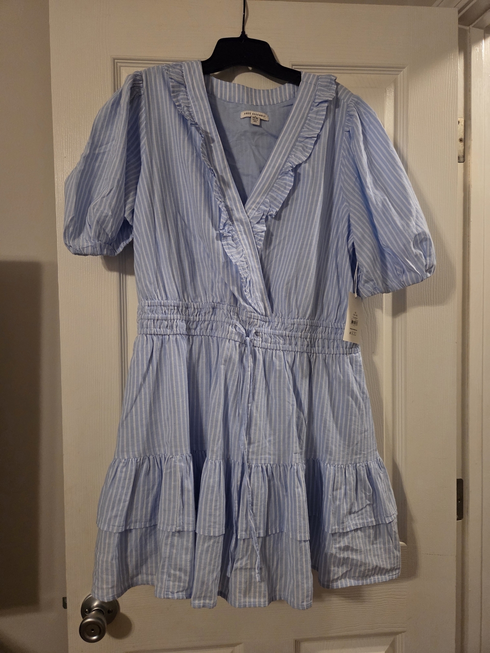 Blue and White Striped Ruffle Wrap Midi Dress